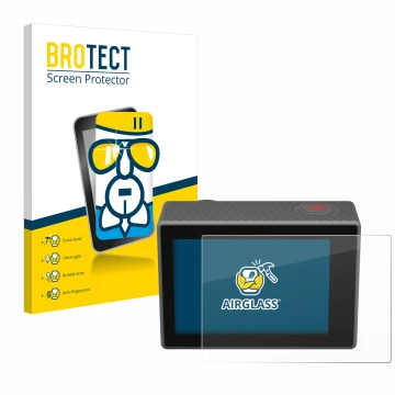 Vorderseite einer Produktverpackung mit dem Markenlogo BROTECT. Daneben ist das Gerät Akaso V50 Elite mit dem zugehörigen Disp