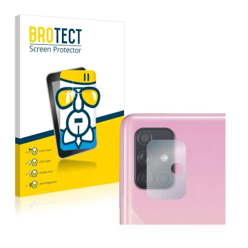 Vorderseite einer Produktverpackung mit dem Markenlogo BROTECT. Daneben ist das Gerät Samsung Galaxy A51 (NUR Kameraschutz) mi