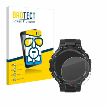 Vorderseite einer Produktverpackung mit dem Markenlogo BROTECT. Daneben ist das Gerät Huami Amazfit T-Rex mit dem zugehörigen 