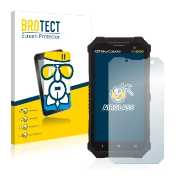 Vorderseite einer Produktverpackung mit dem Markenlogo BROTECT. Daneben ist das Gerät SkyCaddie SX500 mit dem zugehörigen Disp