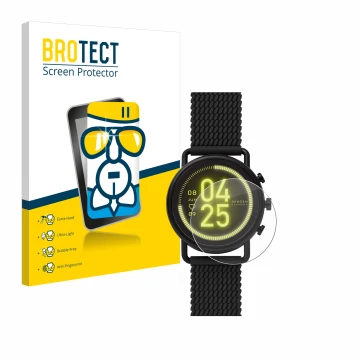 Vorderseite einer Produktverpackung mit dem Markenlogo BROTECT. Daneben ist das Gerät Skagen Smartwatch Falster 3 mit dem zuge