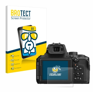Vorderseite einer Produktverpackung mit dem Markenlogo BROTECT. Daneben ist das Gerät Nikon Coolpix P950 mit dem zugehörigen D