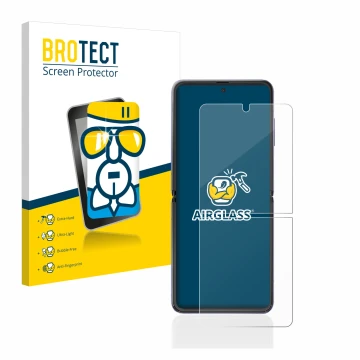 Vorderseite einer Produktverpackung mit dem Markenlogo BROTECT. Daneben ist das Gerät Samsung Galaxy Z Flip mit dem zugehörige