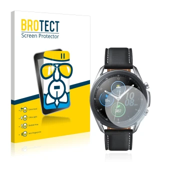 Vorderseite einer Produktverpackung mit dem Markenlogo BROTECT. Daneben ist das Gerät Samsung Galaxy Watch 3 (41mm) mit dem zu