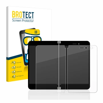 Vorderseite einer Produktverpackung mit dem Markenlogo BROTECT. Daneben ist das Gerät Microsoft Surface Duo mit dem zugehörige