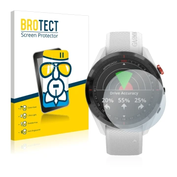 Vorderseite einer Produktverpackung mit dem Markenlogo BROTECT. Daneben ist das Gerät Garmin Approach S62 mit dem zugehörigen 