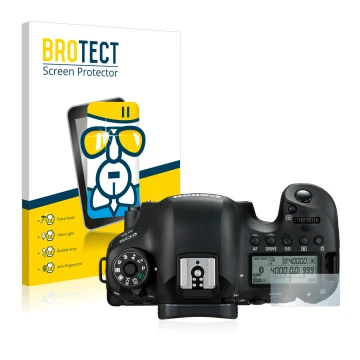 Vorderseite einer Produktverpackung mit dem Markenlogo BROTECT. Daneben ist das Gerät Canon EOS 6D (Schulterdisplay) mit dem z