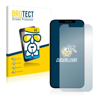 Vorderseite einer Produktverpackung mit dem Markenlogo BROTECT. Daneben ist das Gerät Apple iPhone 12 Pro Max mit dem zugehöri