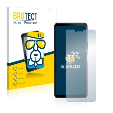 Vorderseite einer Produktverpackung mit dem Markenlogo BROTECT. Daneben ist das Gerät Sony Xperia 10 II mit dem zugehörigen Di