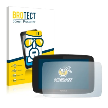Vorderseite einer Produktverpackung mit dem Markenlogo BROTECT. Daneben ist das Gerät TomTom Go Professional 6200 mit dem zuge