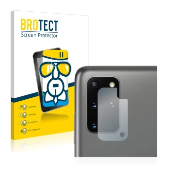 Vorderseite einer Produktverpackung mit dem Markenlogo BROTECT. Daneben ist das Gerät Samsung Galaxy S20 Plus 5G (NUR Kamerasc