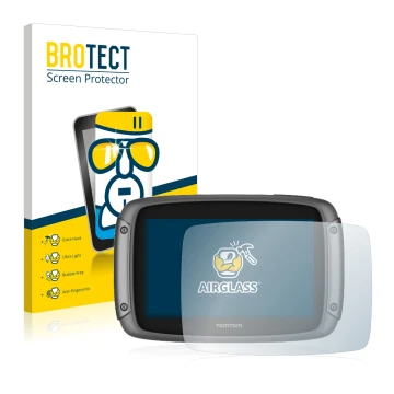 Vorderseite einer Produktverpackung mit dem Markenlogo BROTECT. Daneben ist das Gerät TomTom Rider 50 mit dem zugehörigen Disp