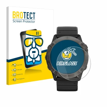 Vorderseite einer Produktverpackung mit dem Markenlogo BROTECT. Daneben ist das Gerät Garmin Fenix 6X Pro Solar mit dem zugehö