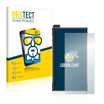 Vorderseite einer Produktverpackung mit dem Markenlogo BROTECT. Daneben ist das Gerät FiiO M15 mit dem zugehörigen Displayschu