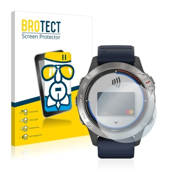Vorderseite einer Produktverpackung mit dem Markenlogo BROTECT. Daneben ist das Gerät Garmin quatix 6 mit dem zugehörigen Disp
