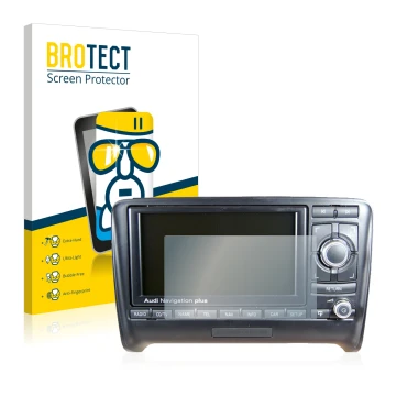 Vorderseite einer Produktverpackung mit dem Markenlogo BROTECT. Daneben ist das Gerät Audi A3 8P 2004-2012 RNS-E mit dem zugeh