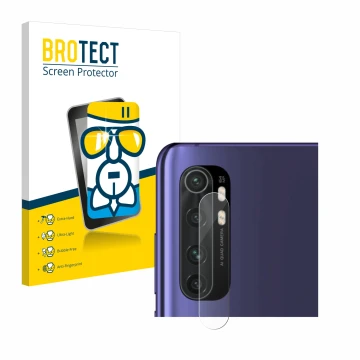 Vorderseite einer Produktverpackung mit dem Markenlogo BROTECT. Daneben ist das Gerät Xiaomi Mi Note 10 Lite (NUR Kameraschutz