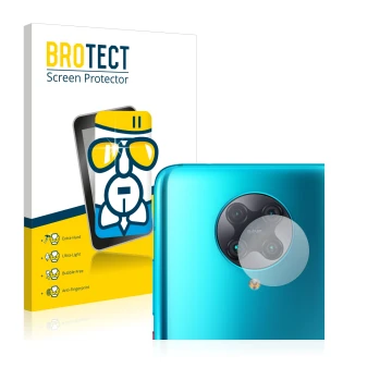 Vorderseite einer Produktverpackung mit dem Markenlogo BROTECT. Daneben ist das Gerät Xiaomi Poco F2 Pro (NUR Kameraschutz) mi