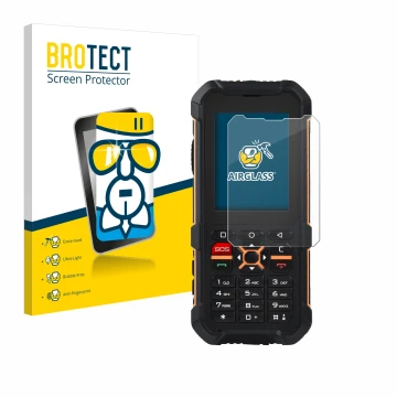Vorderseite einer Produktverpackung mit dem Markenlogo BROTECT. Daneben ist das Gerät RugGear RG170 mit dem zugehörigen Displa