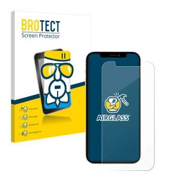 Vorderseite einer Produktverpackung mit dem Markenlogo BROTECT. Daneben ist das Gerät Apple iPhone 12 mit dem zugehörigen Disp