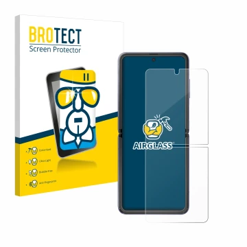 Vorderseite einer Produktverpackung mit dem Markenlogo BROTECT. Daneben ist das Gerät Samsung Galaxy Z Flip 5G mit dem zugehör