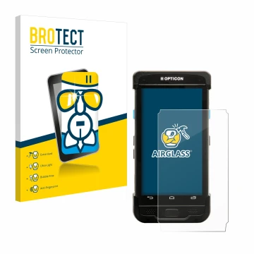 Vorderseite einer Produktverpackung mit dem Markenlogo BROTECT. Daneben ist das Gerät Opticon H-31 mit dem zugehörigen Display