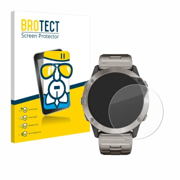 Vorderseite einer Produktverpackung mit dem Markenlogo BROTECT. Daneben ist das Gerät Garmin quatix 6x Solar mit dem zugehörig