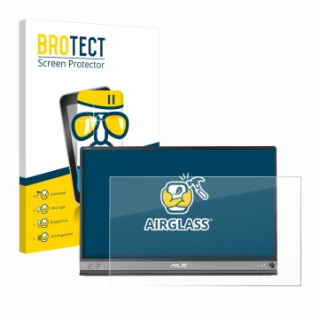 Vorderseite einer Produktverpackung mit dem Markenlogo BROTECT. Daneben ist das Gerät ASUS ZenScreen MB16AC mit dem zugehörige
