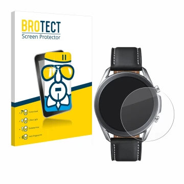 Vorderseite einer Produktverpackung mit dem Markenlogo BROTECT. Daneben ist das Gerät Samsung Galaxy Watch 3 (45mm) mit dem zu