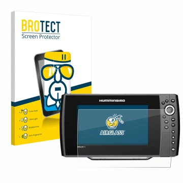 Vorderseite einer Produktverpackung mit dem Markenlogo BROTECT. Daneben ist das Gerät Humminbird Helix 9 G2N mit dem zugehörig