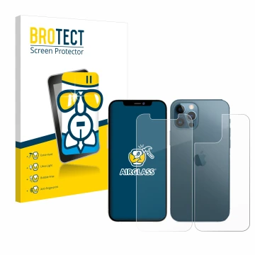 Vorderseite einer Produktverpackung mit dem Markenlogo BROTECT. Daneben ist das Gerät Apple iPhone 12 Pro (Display+Rückseite) 