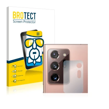 Vorderseite einer Produktverpackung mit dem Markenlogo BROTECT. Daneben ist das Gerät Samsung Galaxy Note 20 Ultra (NUR Kamera