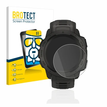 Vorderseite einer Produktverpackung mit dem Markenlogo BROTECT. Daneben ist das Gerät Garmin Instinct Solar mit dem zugehörige