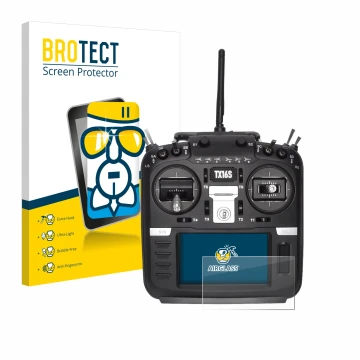 Vorderseite einer Produktverpackung mit dem Markenlogo BROTECT. Daneben ist das Gerät Radiomaster TX16S mit dem zugehörigen Di