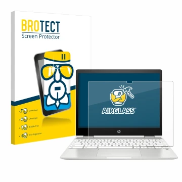 Vorderseite einer Produktverpackung mit dem Markenlogo BROTECT. Daneben ist das Gerät HP Chromebook x360 12b-ca0005nf mit dem 