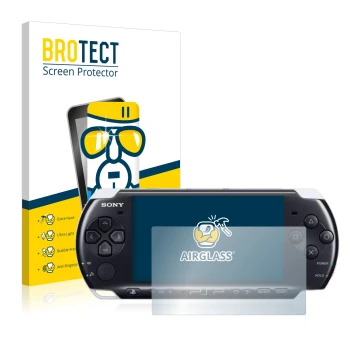Vorderseite einer Produktverpackung mit dem Markenlogo BROTECT. Daneben ist das Gerät Sony PSP 3003 mit dem zugehörigen Displa