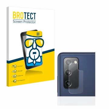 Vorderseite einer Produktverpackung mit dem Markenlogo BROTECT. Daneben ist das Gerät Samsung Galaxy S20 FE (NUR Kameraschutz)