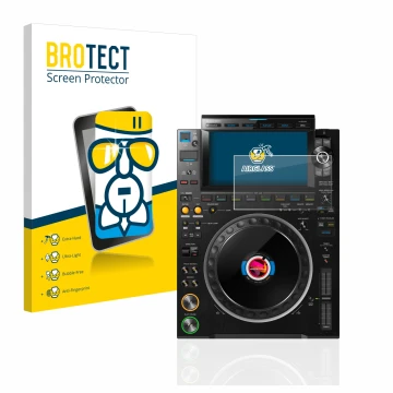 Vorderseite einer Produktverpackung mit dem Markenlogo BROTECT. Daneben ist das Gerät Pioneer CDJ 3000 mit dem zugehörigen Dis