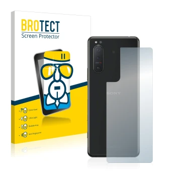 Vorderseite einer Produktverpackung mit dem Markenlogo BROTECT. Daneben ist das Gerät Sony Xperia 5 II (Rückseite) mit dem zug
