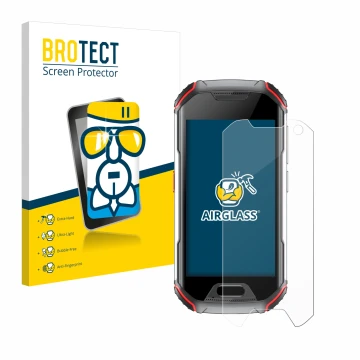 Vorderseite einer Produktverpackung mit dem Markenlogo BROTECT. Daneben ist das Gerät Unihertz Atom L mit dem zugehörigen Disp