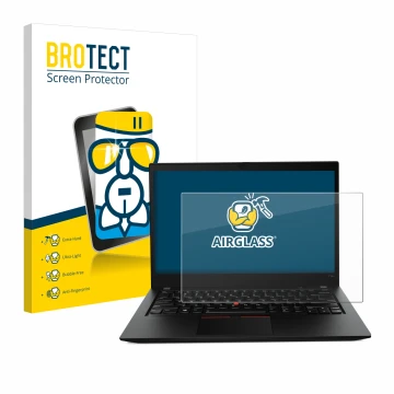 Vorderseite einer Produktverpackung mit dem Markenlogo BROTECT. Daneben ist das Gerät Lenovo ThinkPad T14s Gen 1 mit dem zugeh