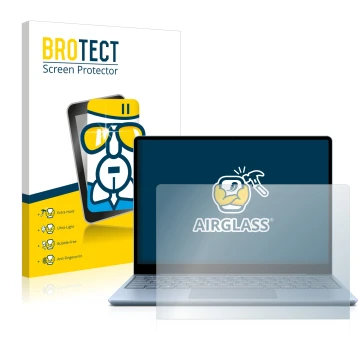 Vorderseite einer Produktverpackung mit dem Markenlogo BROTECT. Daneben ist das Gerät Microsoft Surface Laptop Go mit dem zuge