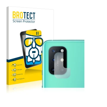 Vorderseite einer Produktverpackung mit dem Markenlogo BROTECT. Daneben ist das Gerät OnePlus 8T (NUR Kameraschutz) mit dem zu