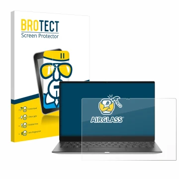 Vorderseite einer Produktverpackung mit dem Markenlogo BROTECT. Daneben ist das Gerät Dell XPS 13 9310 2-in-1 mit dem zugehöri