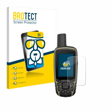 Vorderseite einer Produktverpackung mit dem Markenlogo BROTECT. Daneben ist das Gerät Garmin GPSMAP 65 mit dem zugehörigen Dis