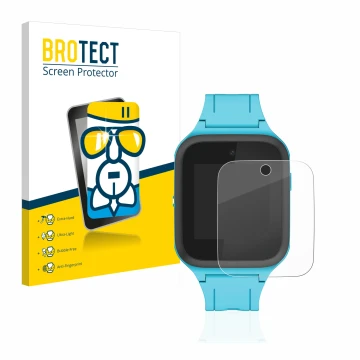 Vorderseite einer Produktverpackung mit dem Markenlogo BROTECT. Daneben ist das Gerät TCL Movetime FamilyWatch Kids MT40X mit 