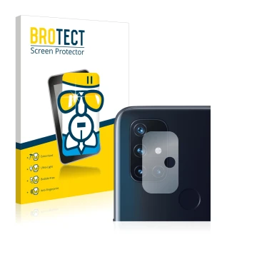 Vorderseite einer Produktverpackung mit dem Markenlogo BROTECT. Daneben ist das Gerät OnePlus Nord N10 5G (NUR Kameraschutz) m