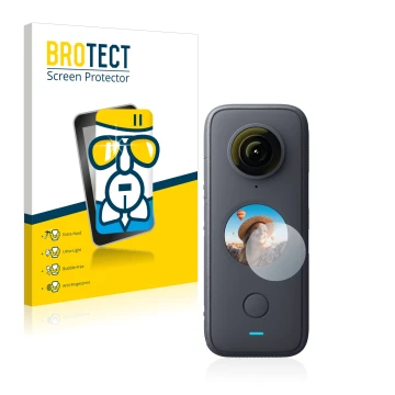 Vorderseite einer Produktverpackung mit dem Markenlogo BROTECT. Daneben ist das Gerät Insta360 One X2 mit dem zugehörigen Disp