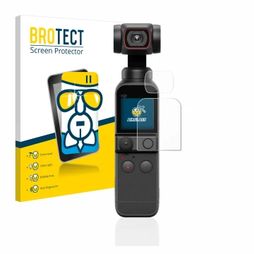 Vorderseite einer Produktverpackung mit dem Markenlogo BROTECT. Daneben ist das Gerät DJI Osmo Pocket 2 (Display + Linse) mit 