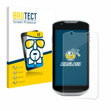 Vorderseite einer Produktverpackung mit dem Markenlogo BROTECT. Daneben ist das Gerät Zebra TC57x mit dem zugehörigen Displays